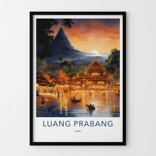 Luang Prabang Poster - Laos Travel Art - River Sunset Village Home Decor