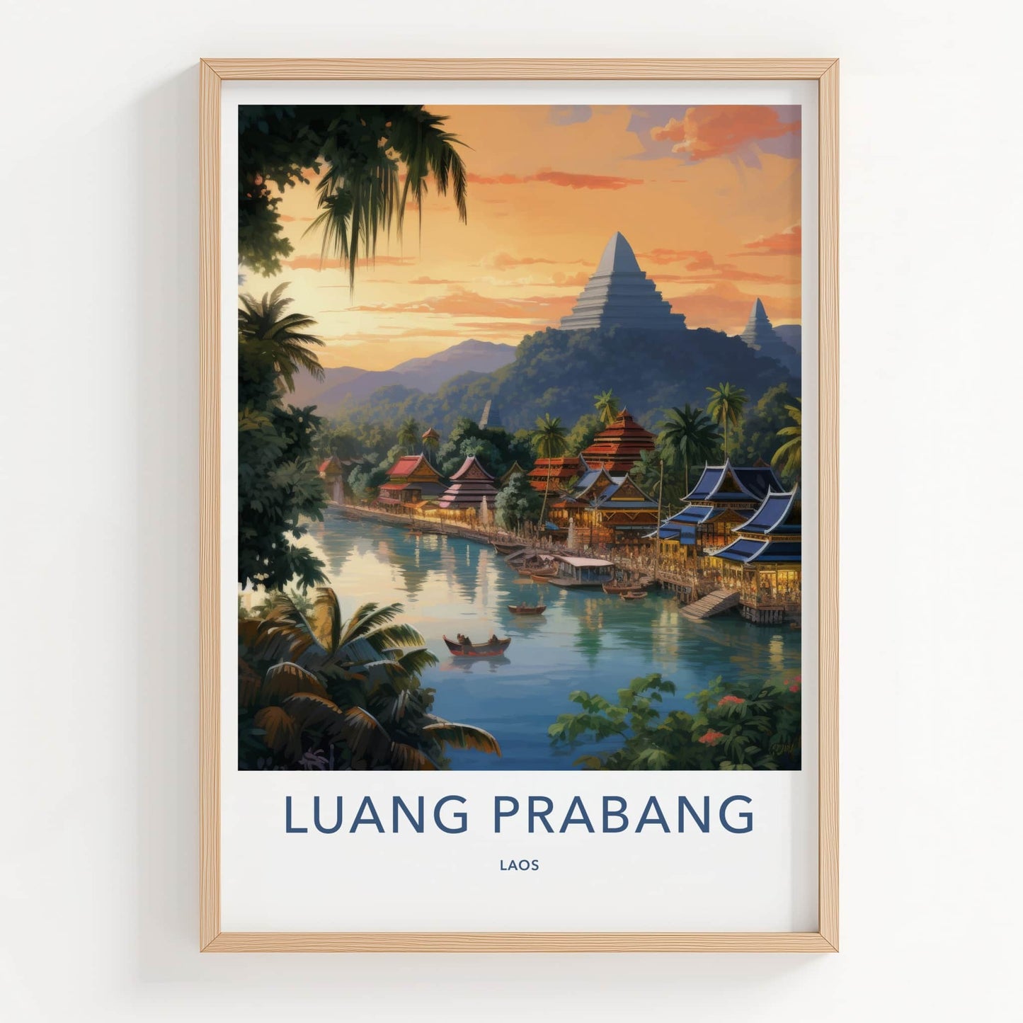 Luang Prabang Poster - Laos Travel Art - Riverfront Village Sunset Home Decor