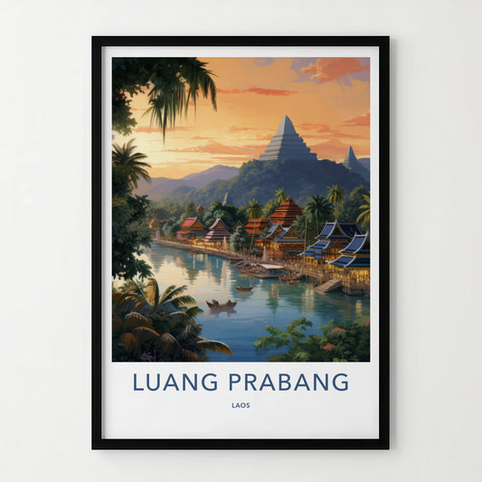 Luang Prabang Poster - Laos Travel Art - Riverfront Village Sunset Home Decor