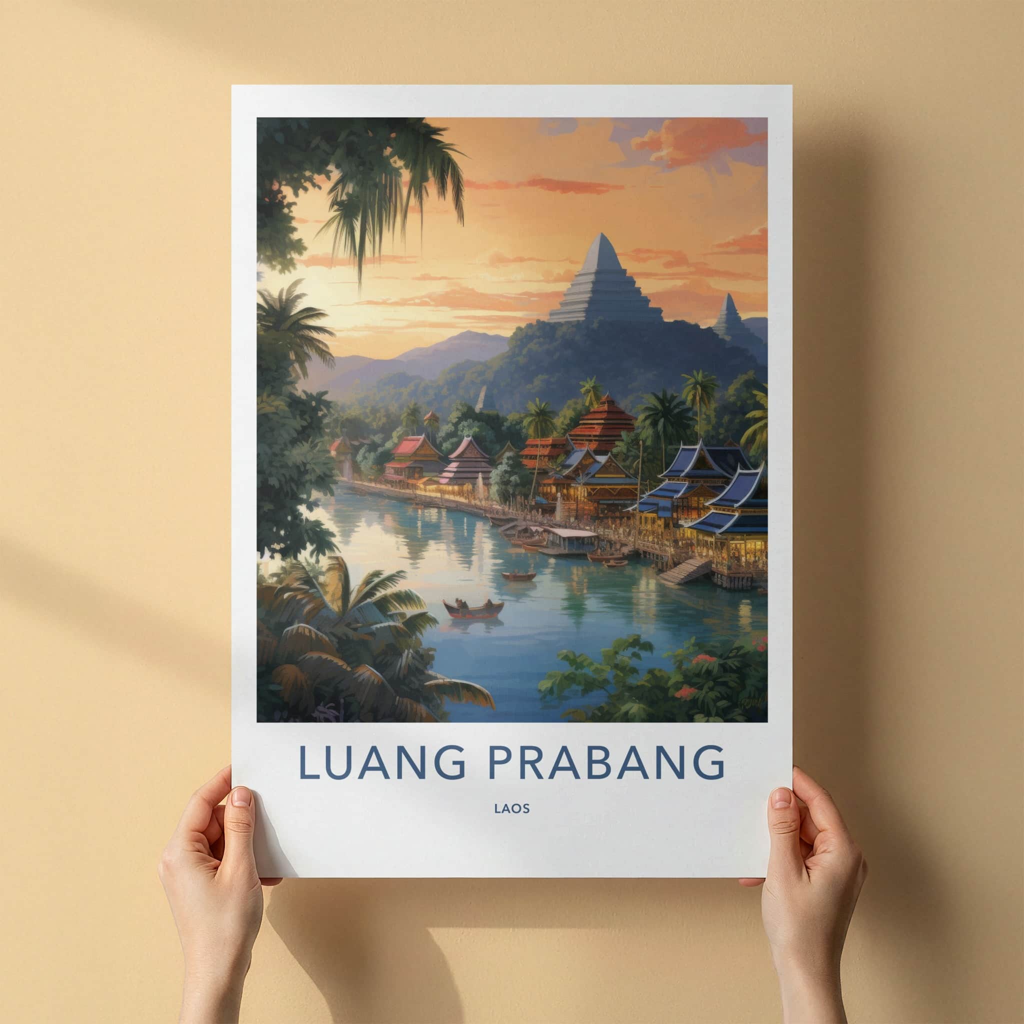 Luang Prabang Poster - Laos Travel Art - Riverfront Village Sunset Home Decor