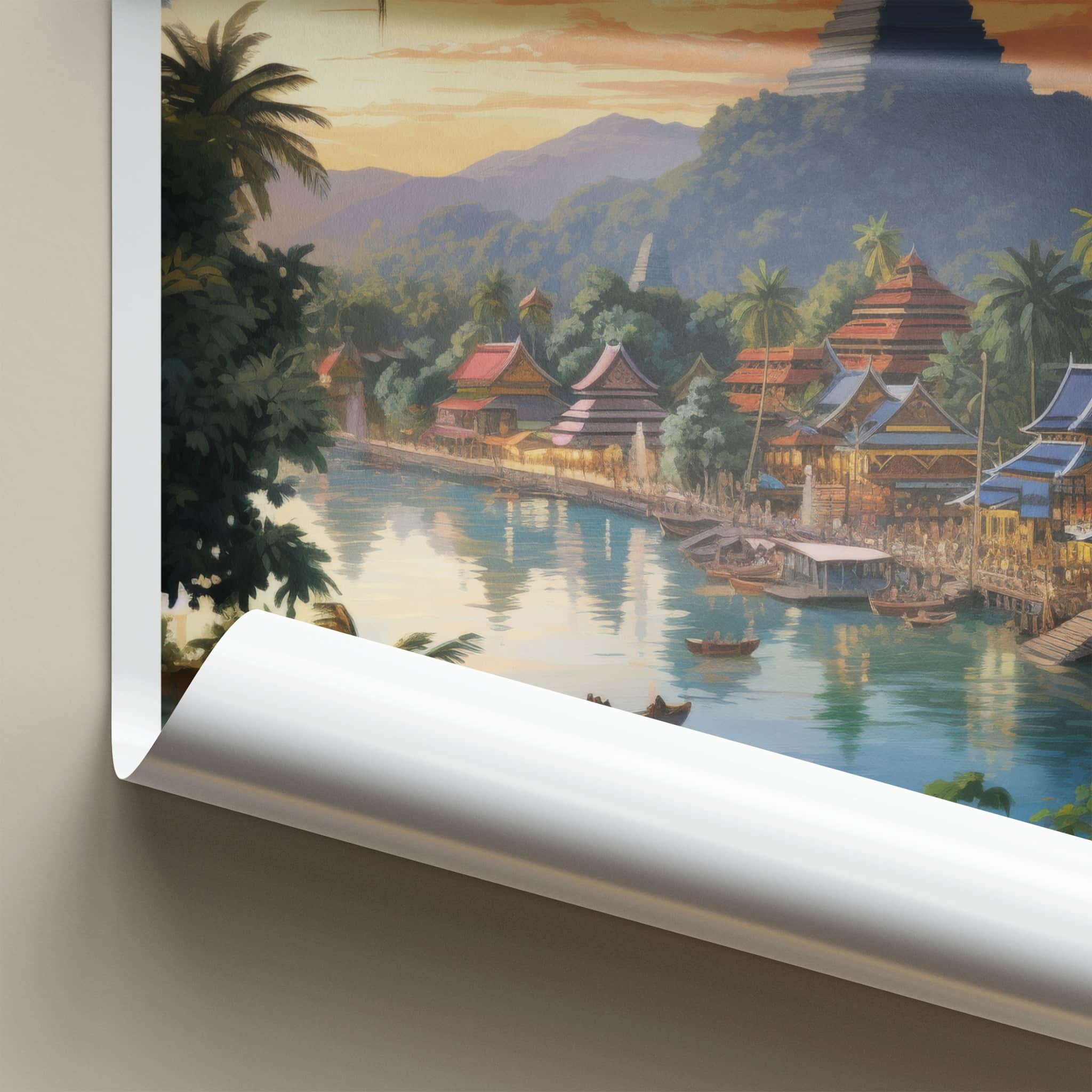 Luang Prabang Poster - Laos Travel Art - Riverfront Village Sunset Home Decor