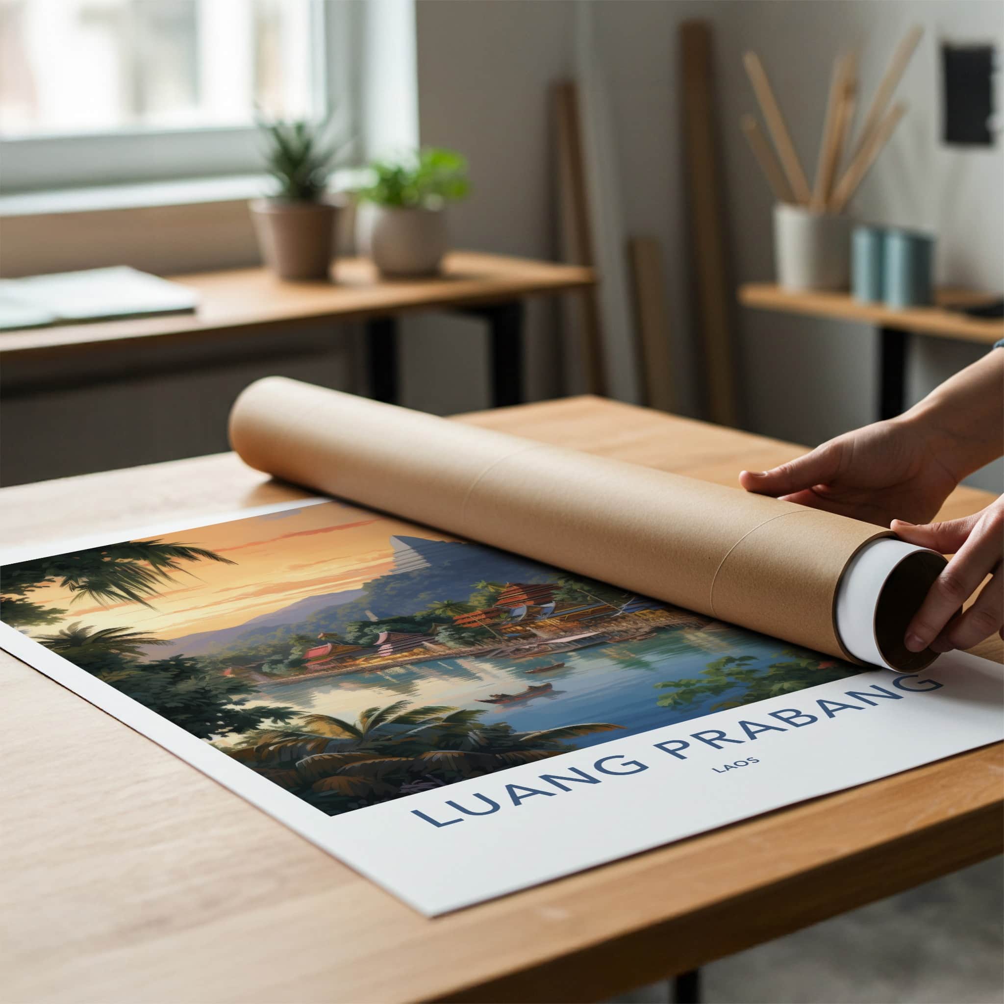Luang Prabang Poster - Laos Travel Art - Riverfront Village Sunset Home Decor