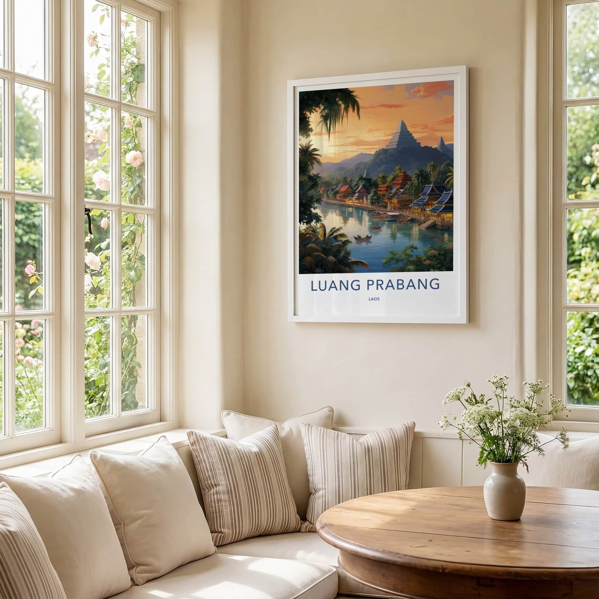 Luang Prabang Poster - Laos Travel Art - Riverfront Village Sunset Home Decor