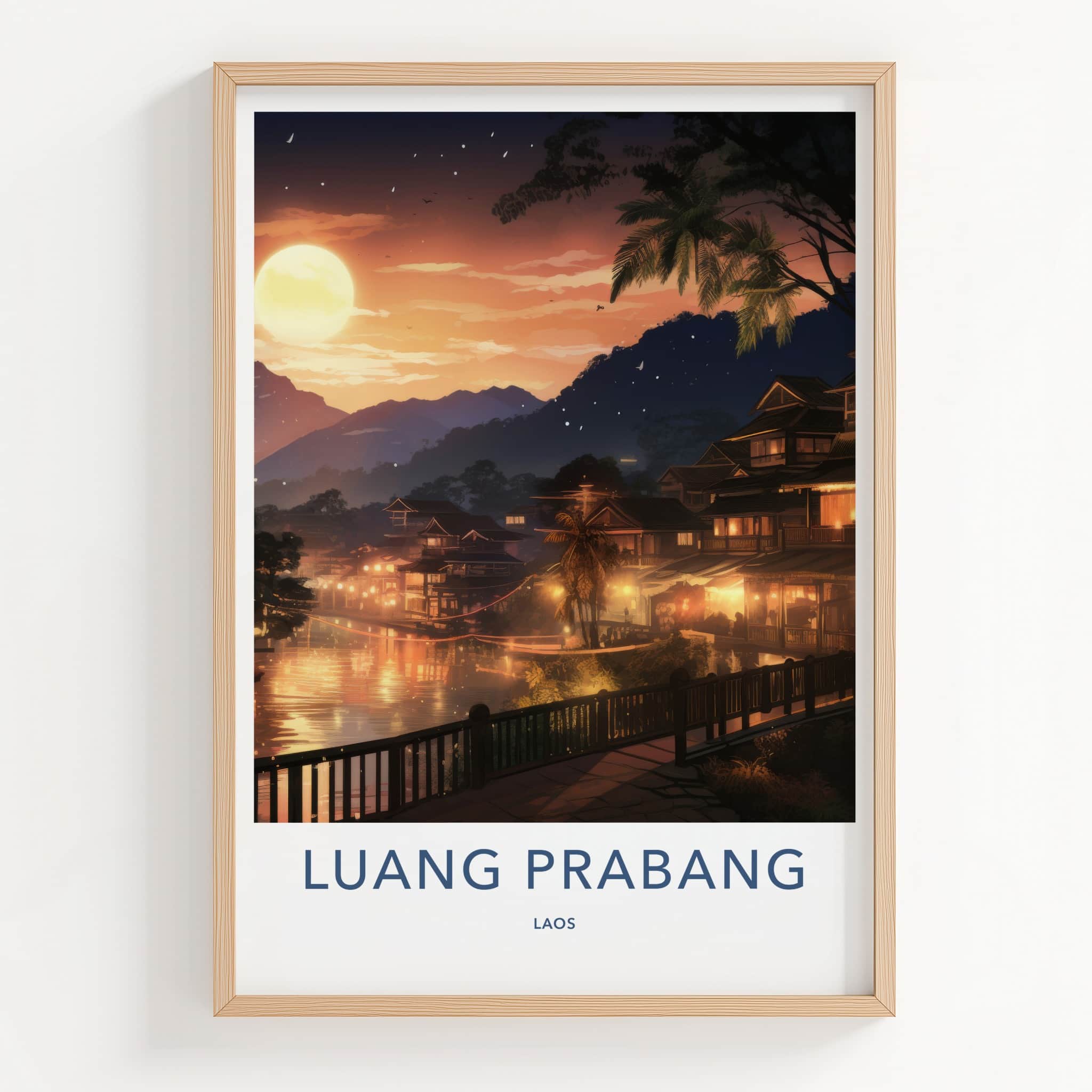 Luang Prabang Poster - Laos Travel Art - Sunset River Houses Home Decor
