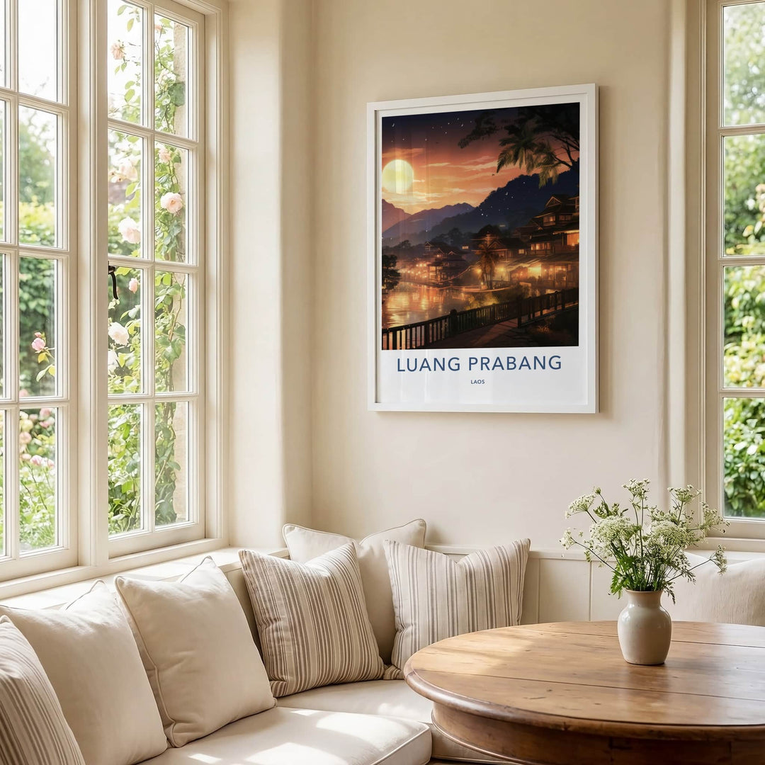 Luang Prabang Poster - Laos Travel Art - Sunset River Houses Home Decor