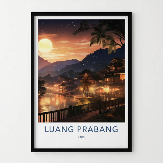 Luang Prabang Poster - Laos Travel Art - Sunset River Houses Home Decor