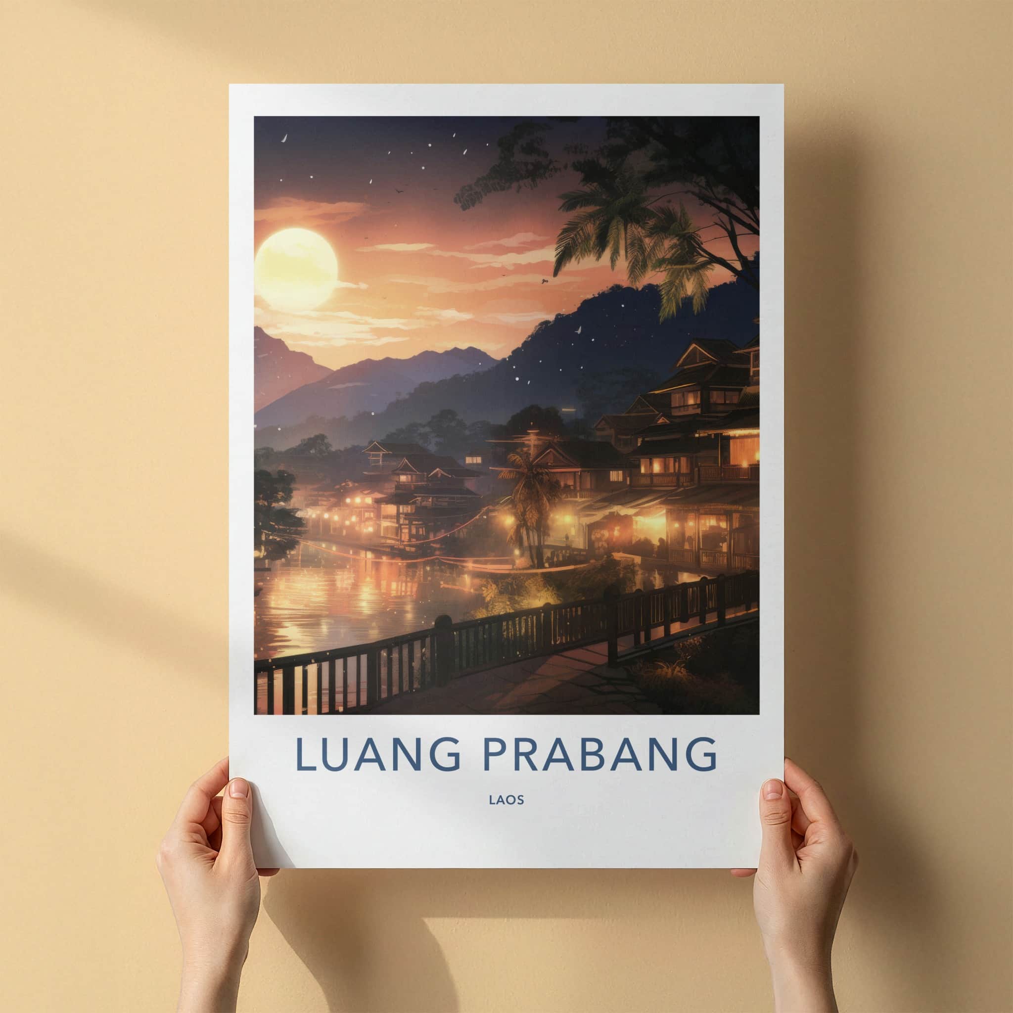 Luang Prabang Poster - Laos Travel Art - Sunset River Houses Home Decor