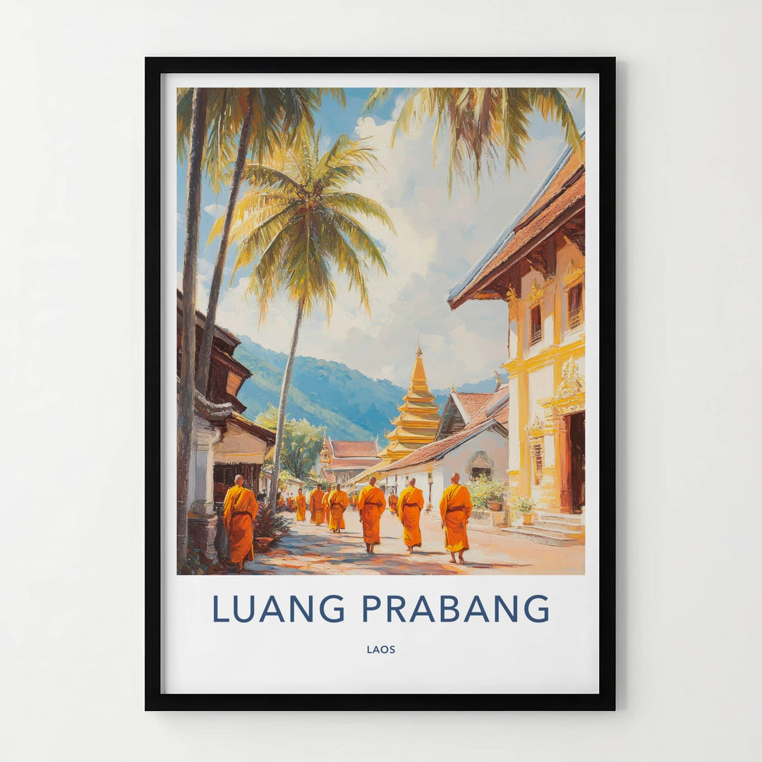Luang Prabang Poster - Laos Travel Art - Walking Monks Street Wall Decor