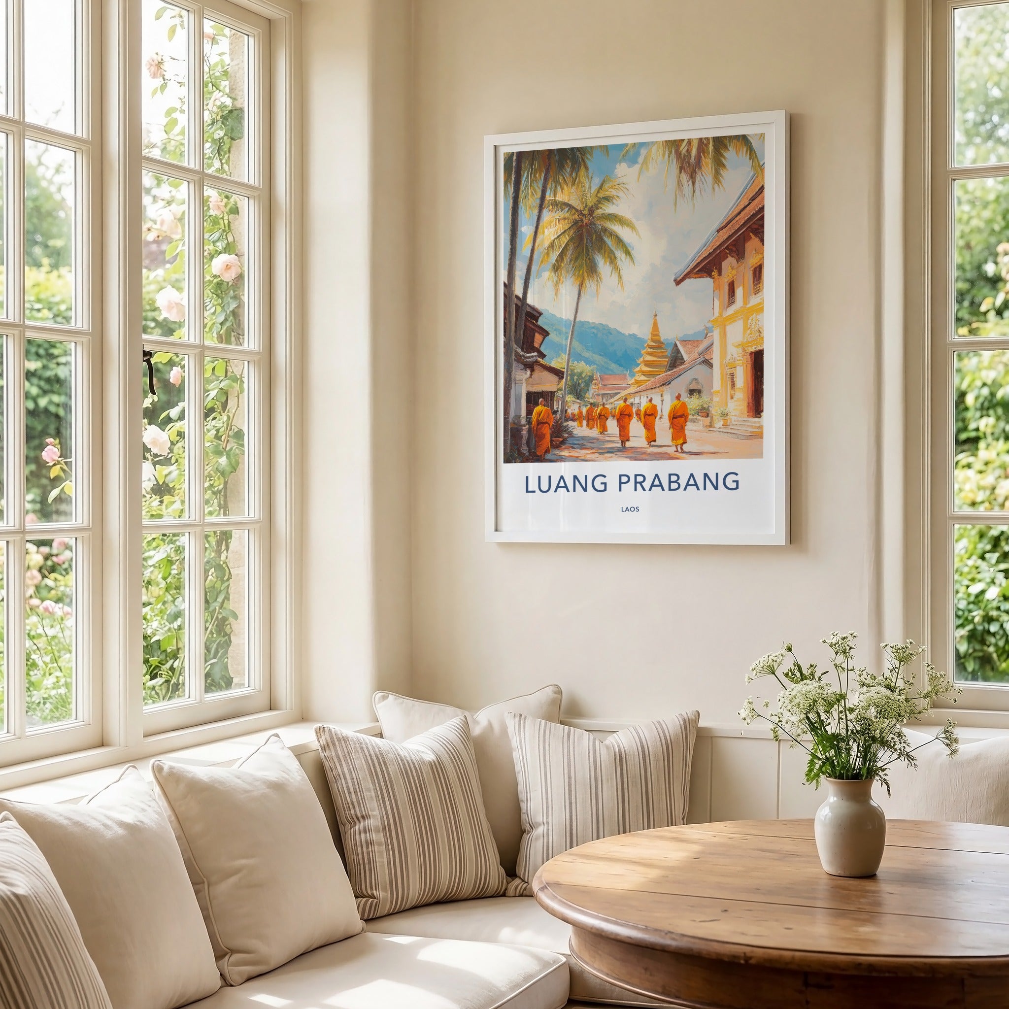 Luang Prabang Poster - Laos Travel Art - Walking Monks Street Wall Decor