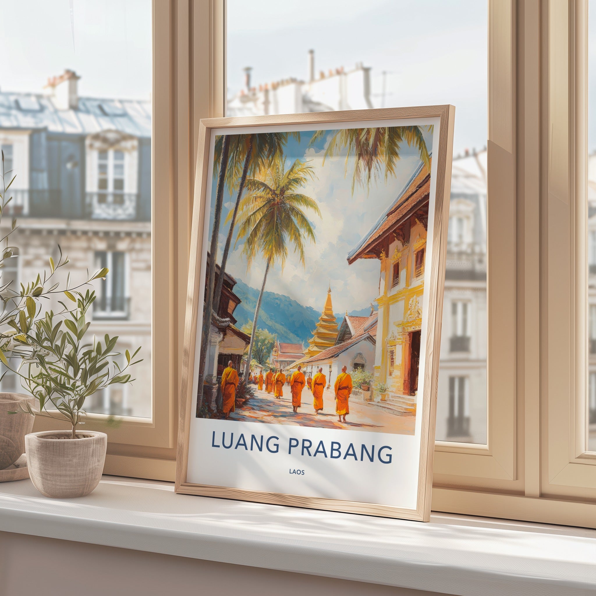 Luang Prabang Poster - Laos Travel Art - Walking Monks Street Wall Decor