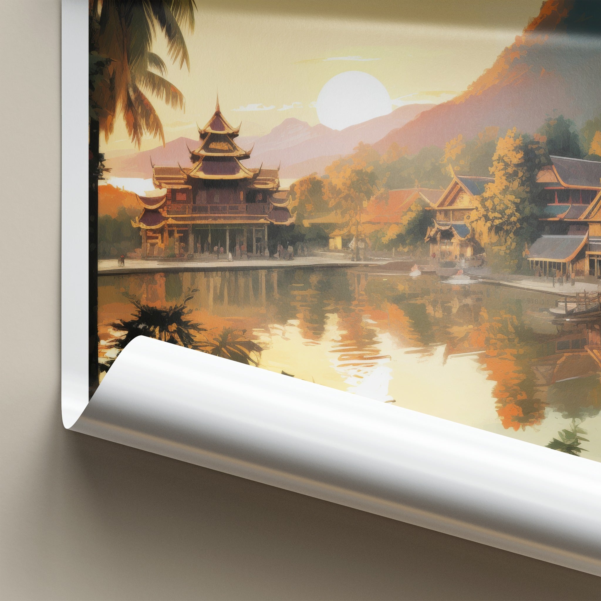 Luang Prabang Poster - Laos Wall Art - Lakeside Temple Sunset Home Decor