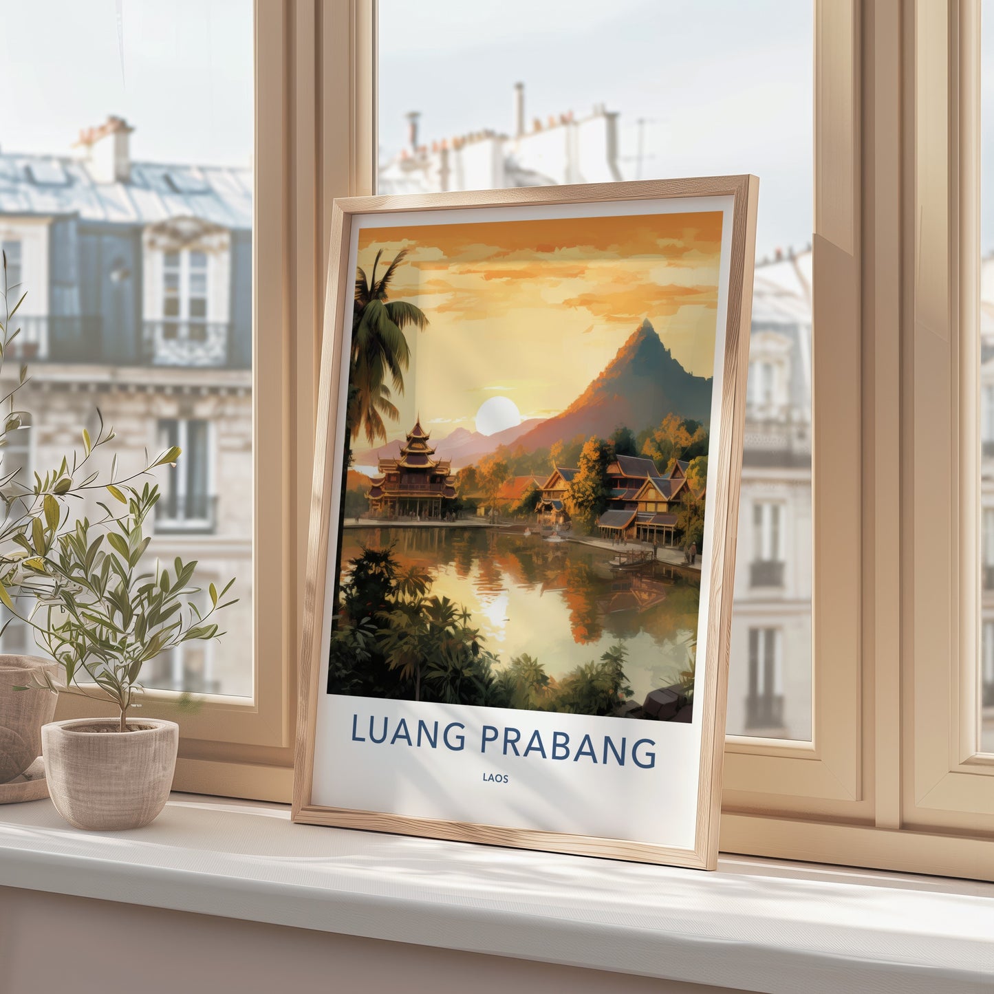 Luang Prabang Poster - Laos Wall Art - Lakeside Temple Sunset Home Decor