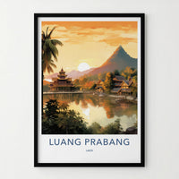 Luang Prabang Poster - Laos Wall Art - Lakeside Temple Sunset Home Decor