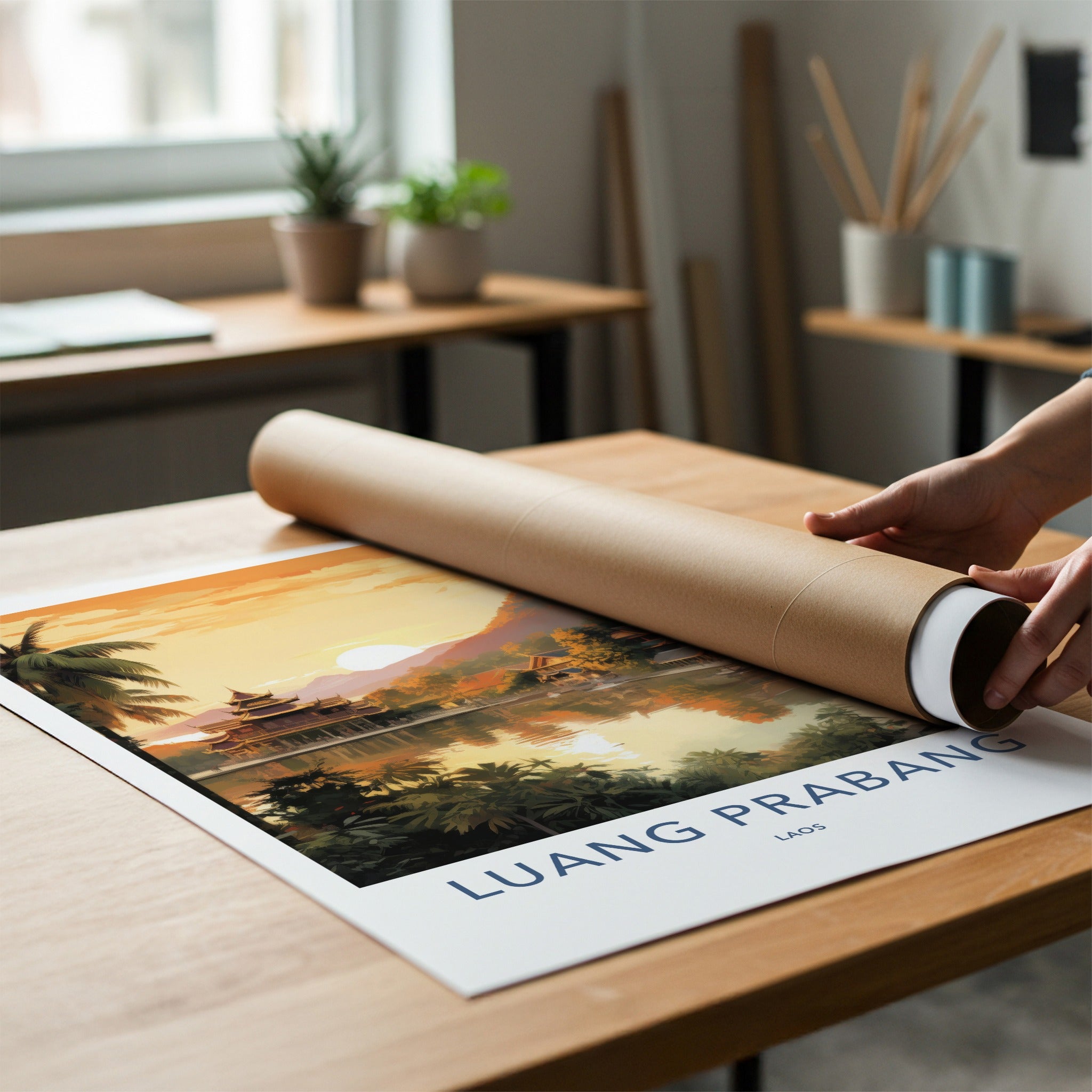 Luang Prabang Poster - Laos Wall Art - Lakeside Temple Sunset Home Decor