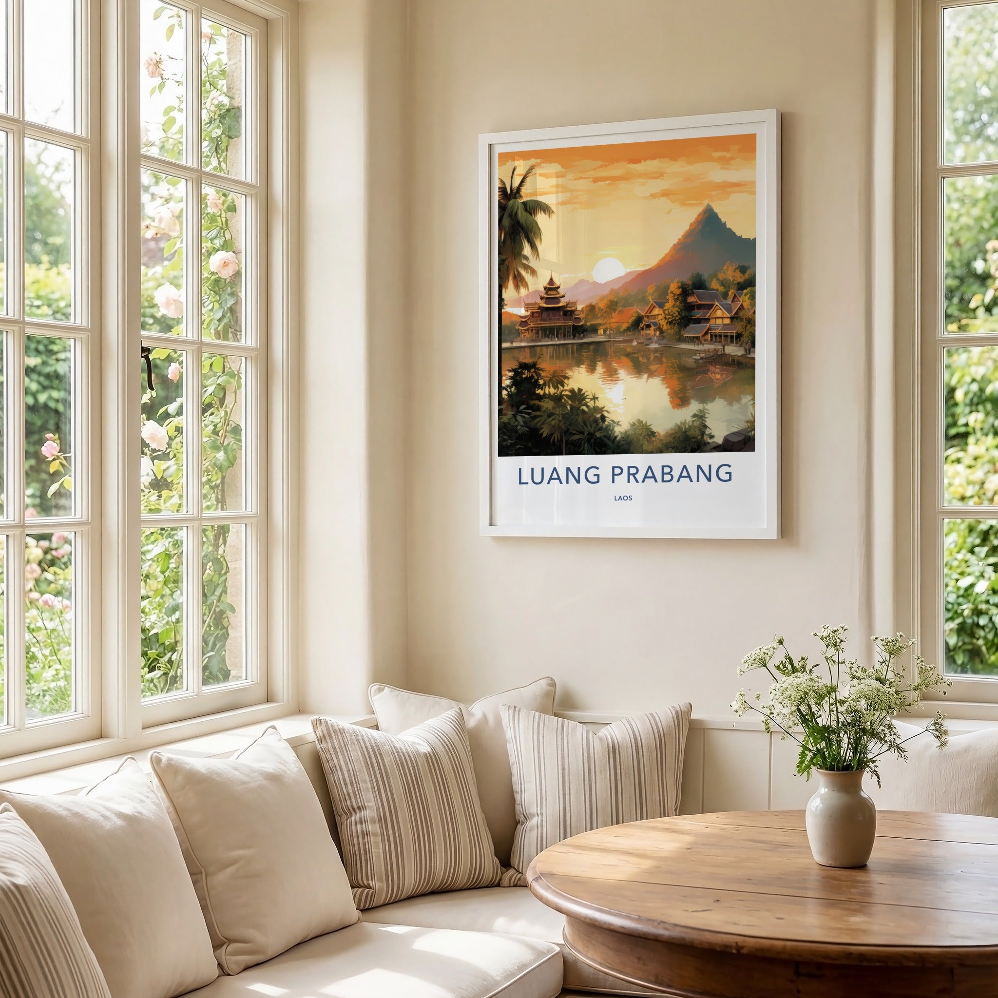 Luang Prabang Poster - Laos Wall Art - Lakeside Temple Sunset Home Decor