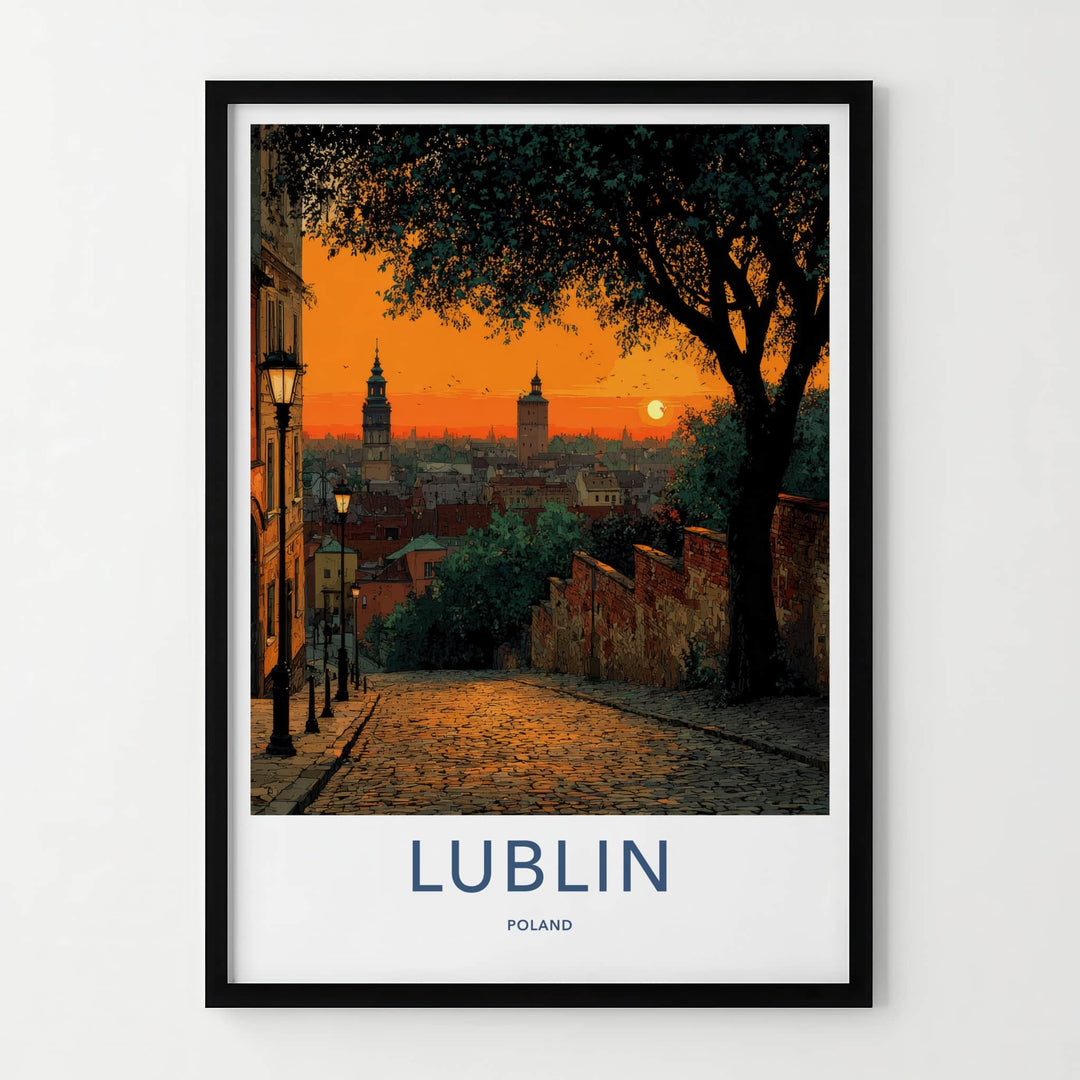 Lublin Poster - Poland Travel Art - Cobblestone Street Sunset Home Decor