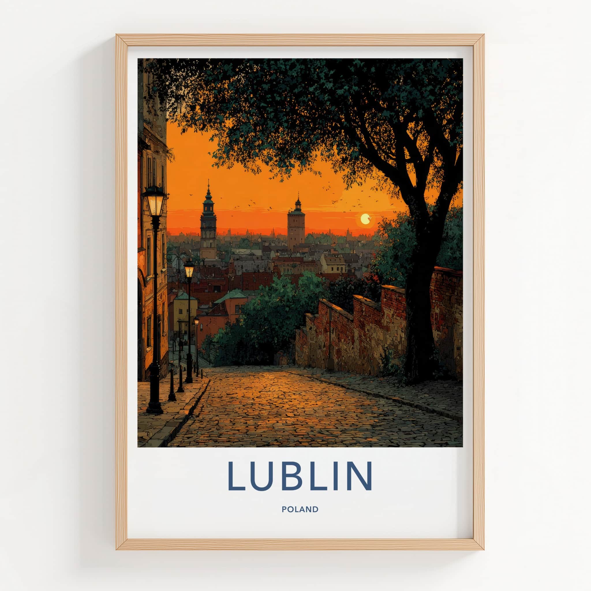 Lublin Poster - Poland Travel Art - Cobblestone Street Sunset Home Decor