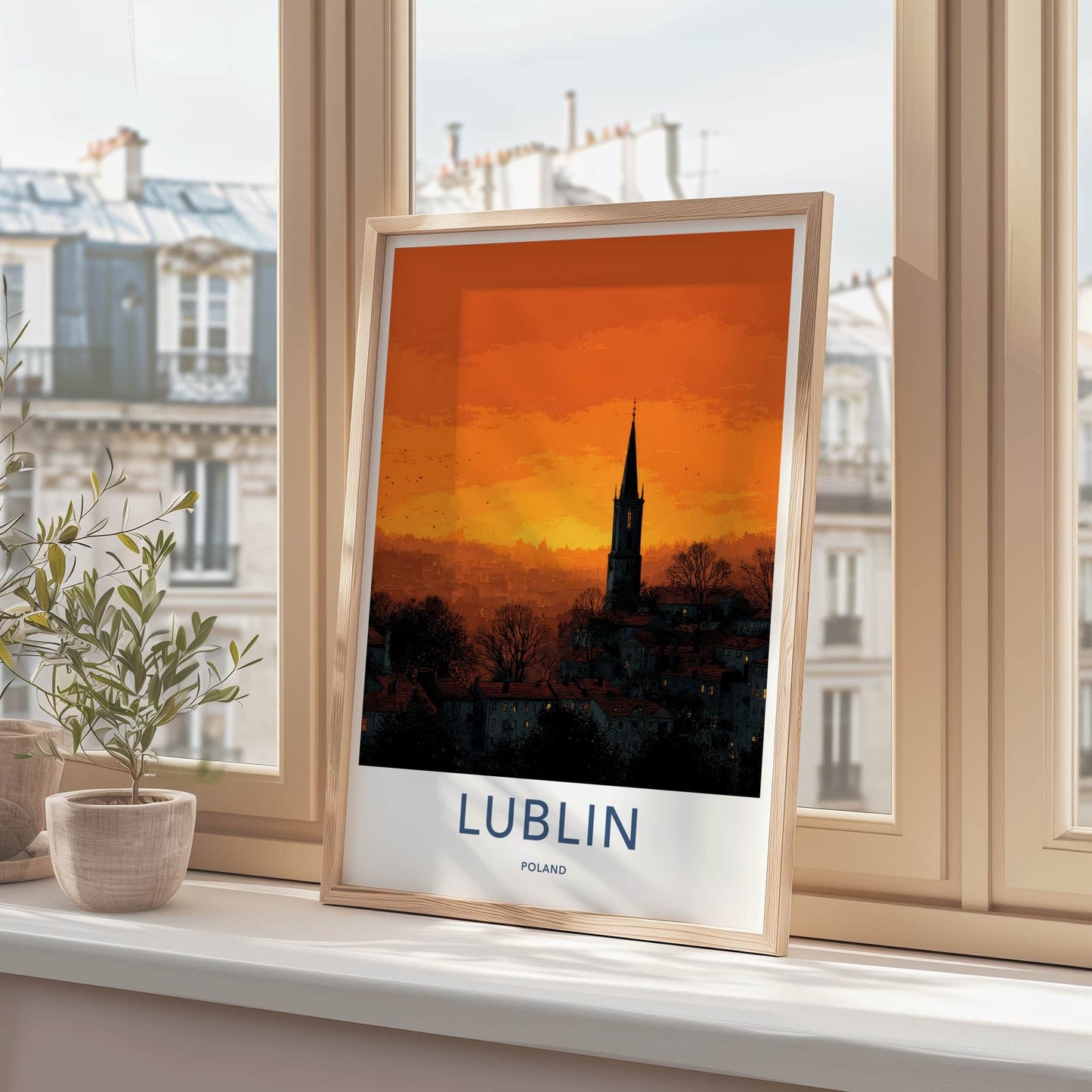 Lublin Poster - Poland Travel Art - Orange Sunset Spire Home Decor