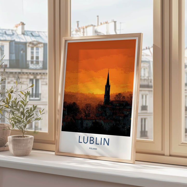 Lublin Poster - Poland Travel Art - Orange Sunset Spire Home Decor