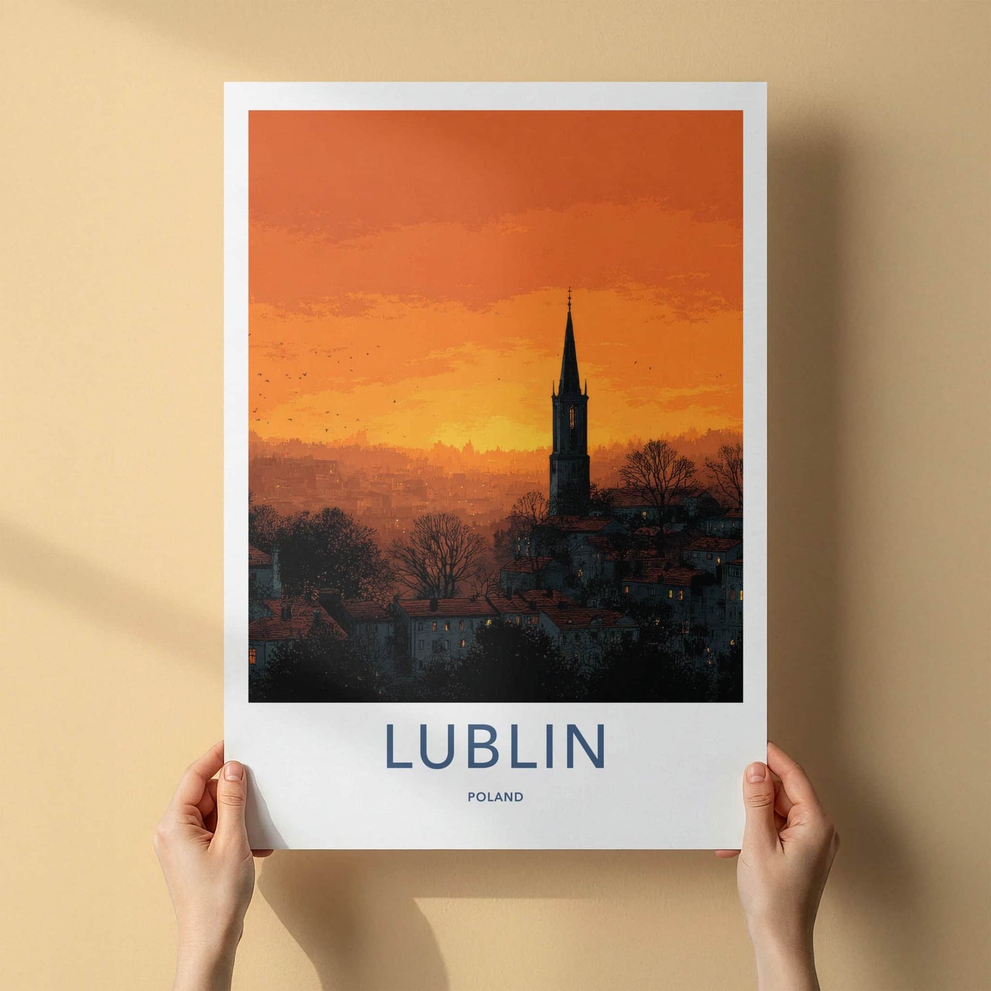 Lublin Poster - Poland Travel Art - Orange Sunset Spire Home Decor