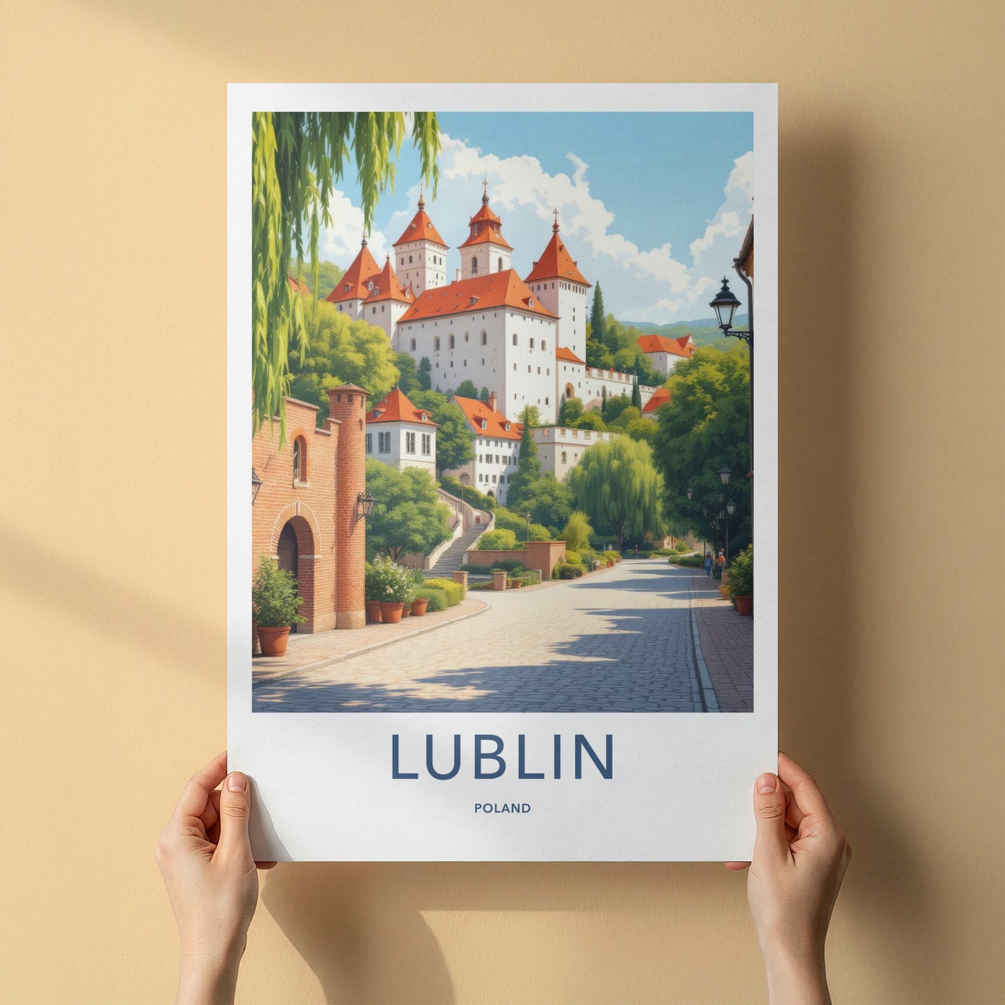 Lublin Poster - Poland Travel Art - White Castle Red Roofs Home Decor