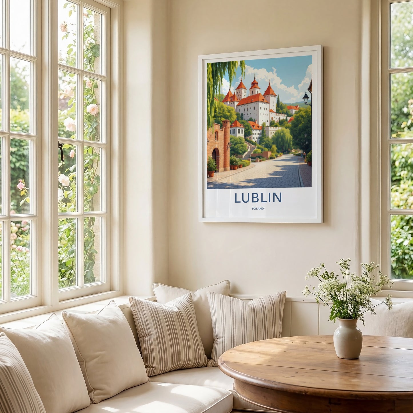 Lublin Poster - Poland Travel Art - White Castle Red Roofs Home Decor