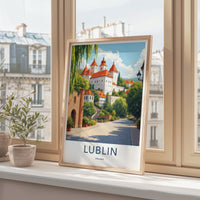 Lublin Poster - Poland Travel Art - White Castle Red Roofs Home Decor