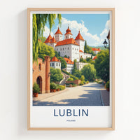 Lublin Poster - Poland Travel Art - White Castle Red Roofs Home Decor