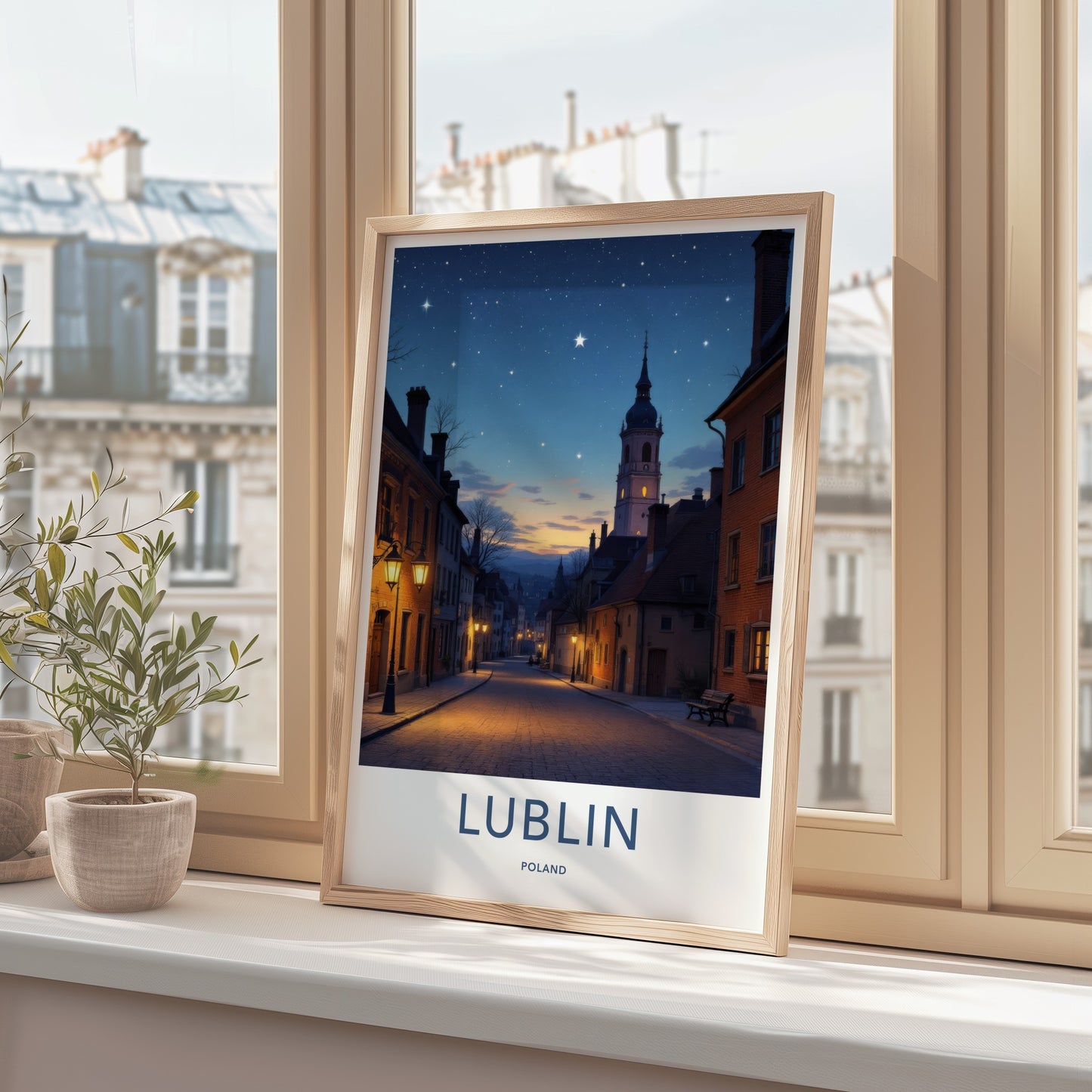 Lublin Poster - Poland Travel Print - Starry Street Evening Home Decor