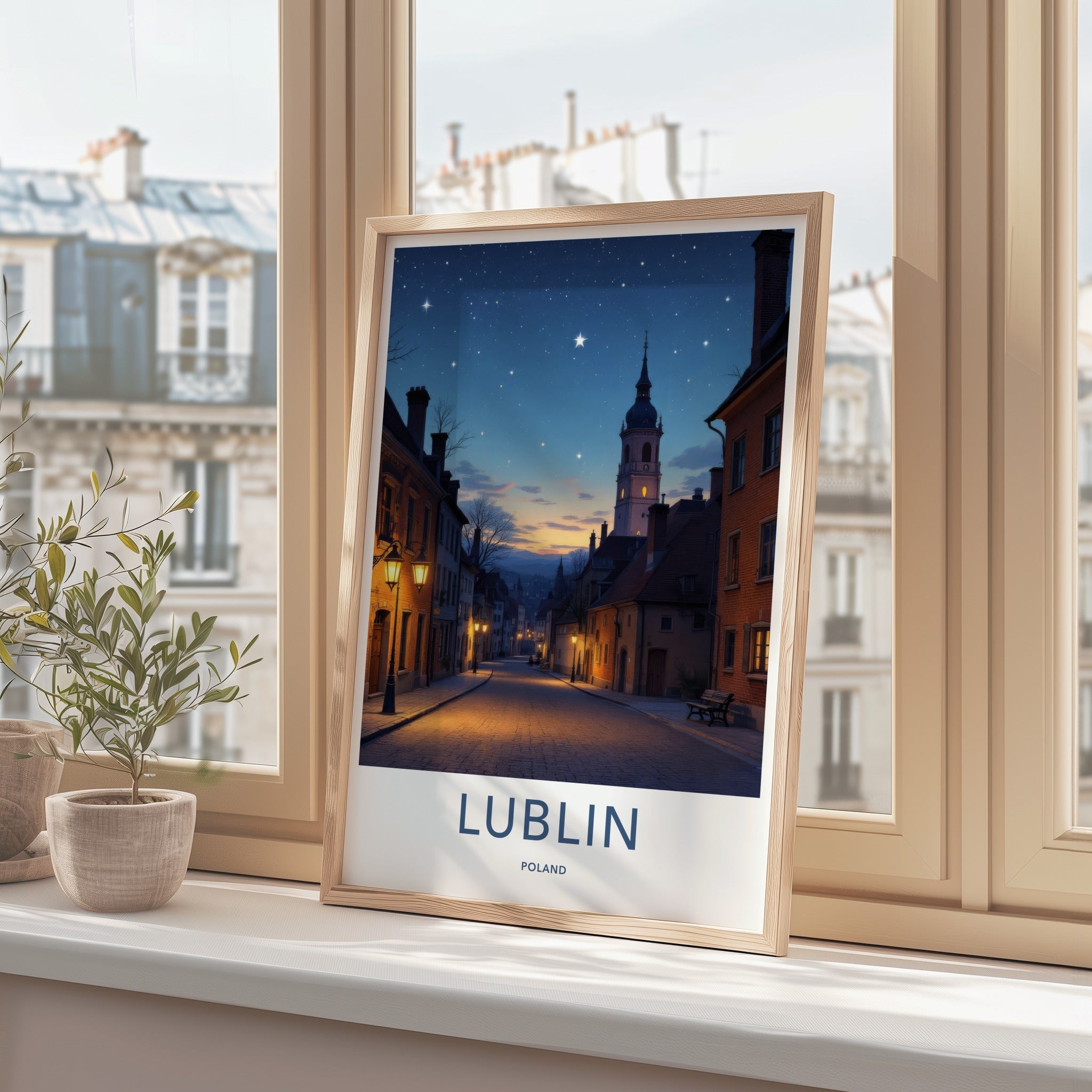 Lublin Poster - Poland Travel Print - Starry Street Evening Home Decor