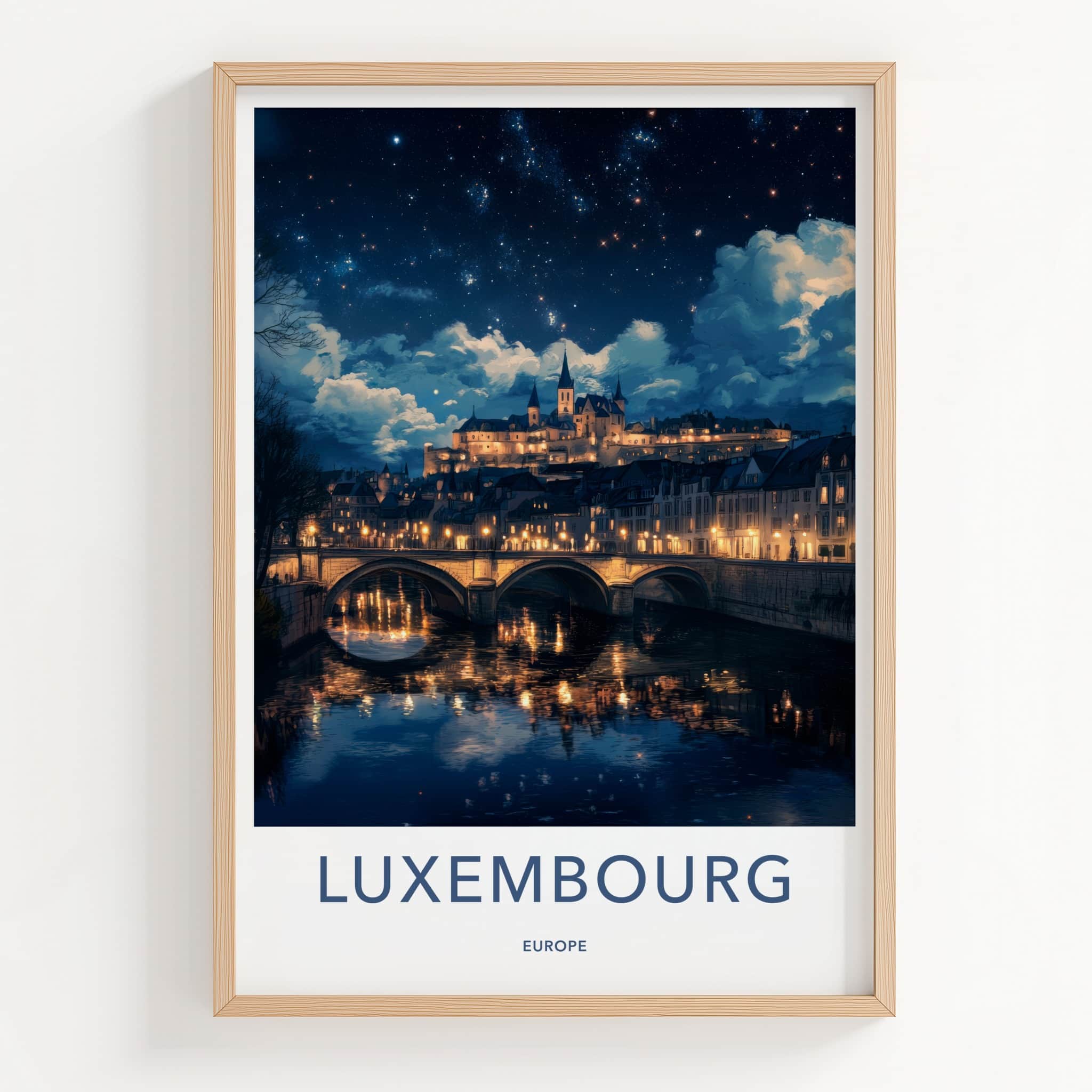 Luxembourg Poster - Luxembourg Art Print - Illuminated River Bridge Home Decor