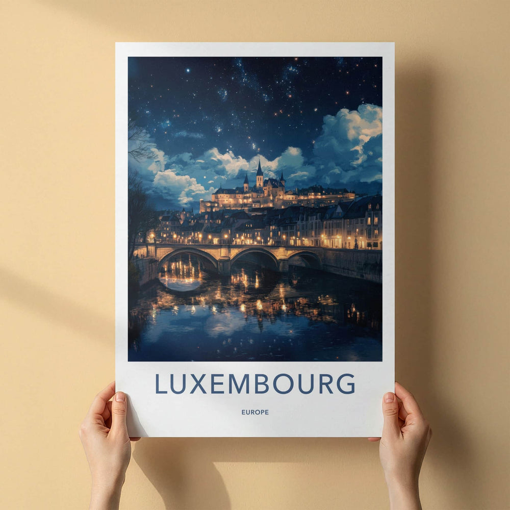 Luxembourg Poster - Luxembourg Art Print - Illuminated River Bridge Home Decor