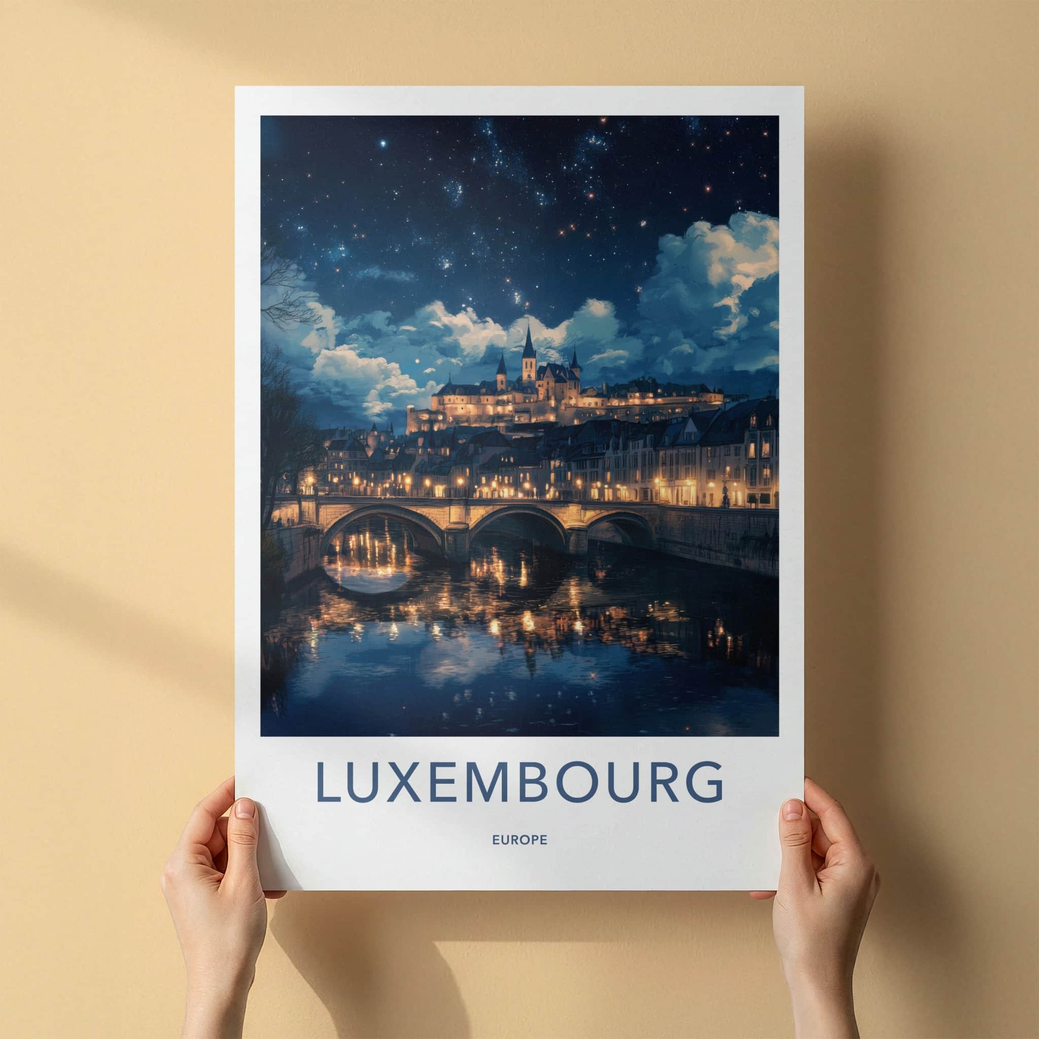 Luxembourg Poster - Luxembourg Art Print - Illuminated River Bridge Home Decor