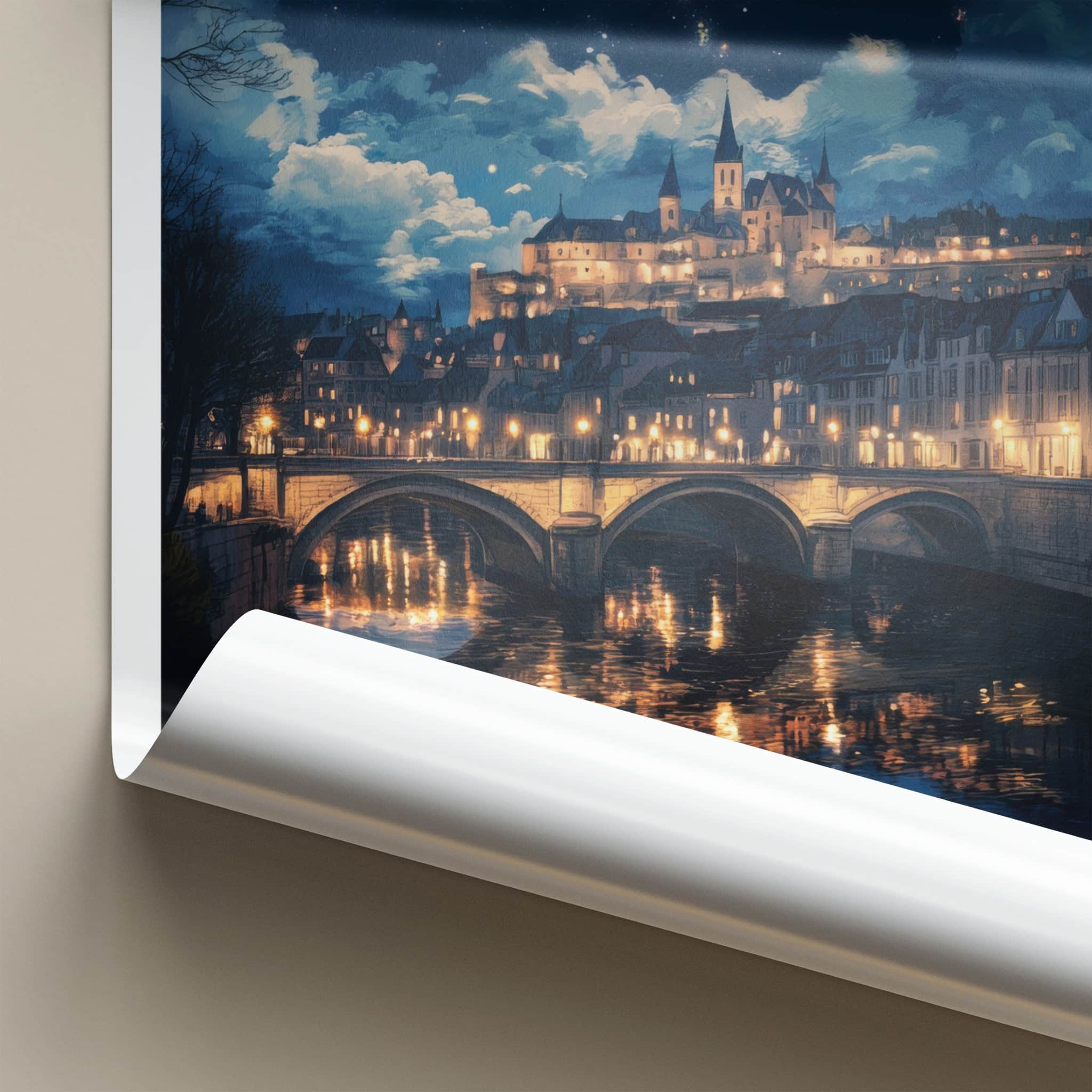 Luxembourg Poster - Luxembourg Art Print - Illuminated River Bridge Home Decor