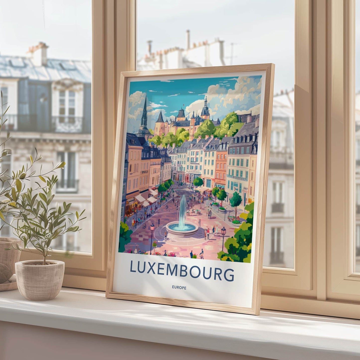 Luxembourg Poster - Luxembourg Travel Art - Fountain Cityscape Castle Wall Decor