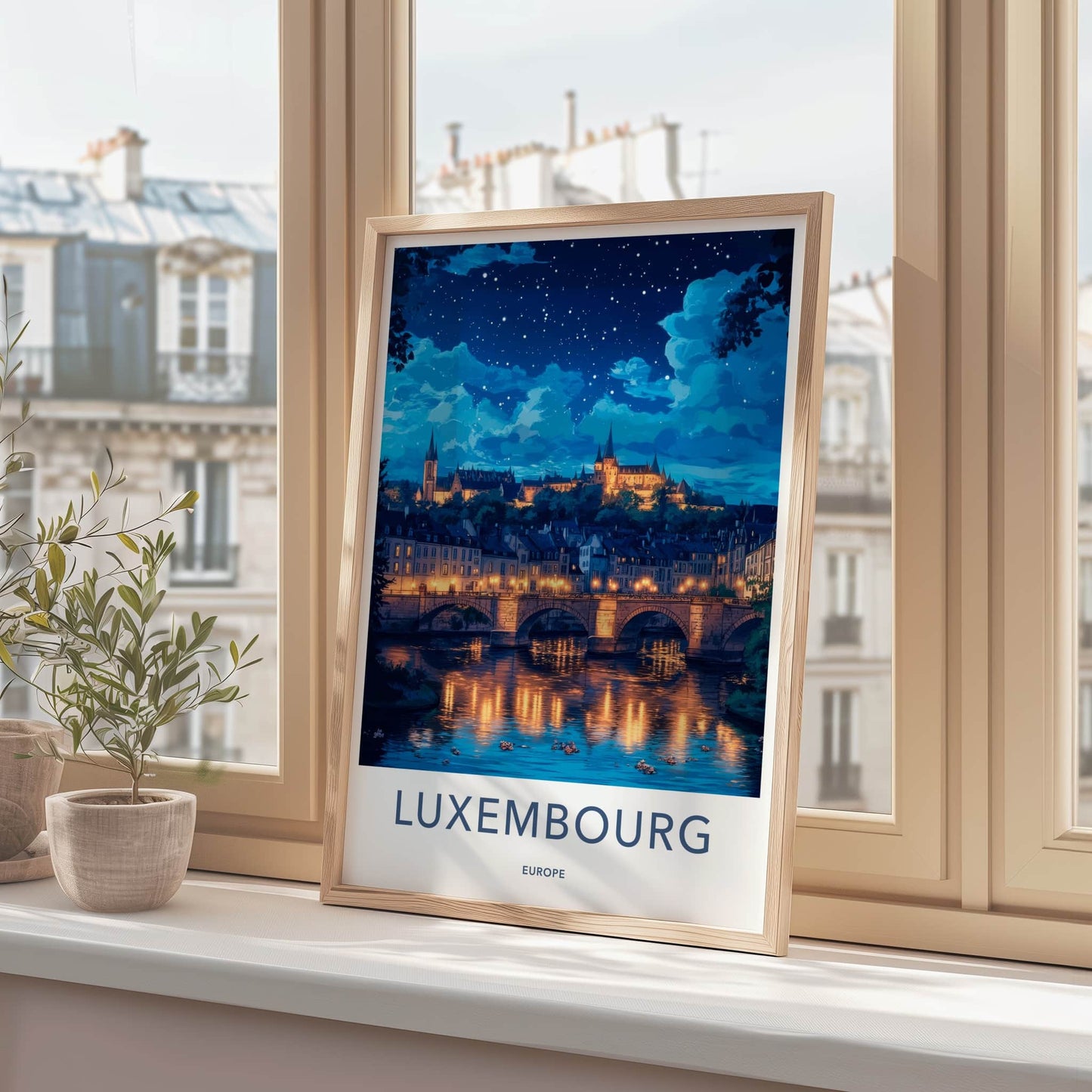 Luxembourg Poster - Luxembourg Travel Art - Illuminated River City Wall Decor