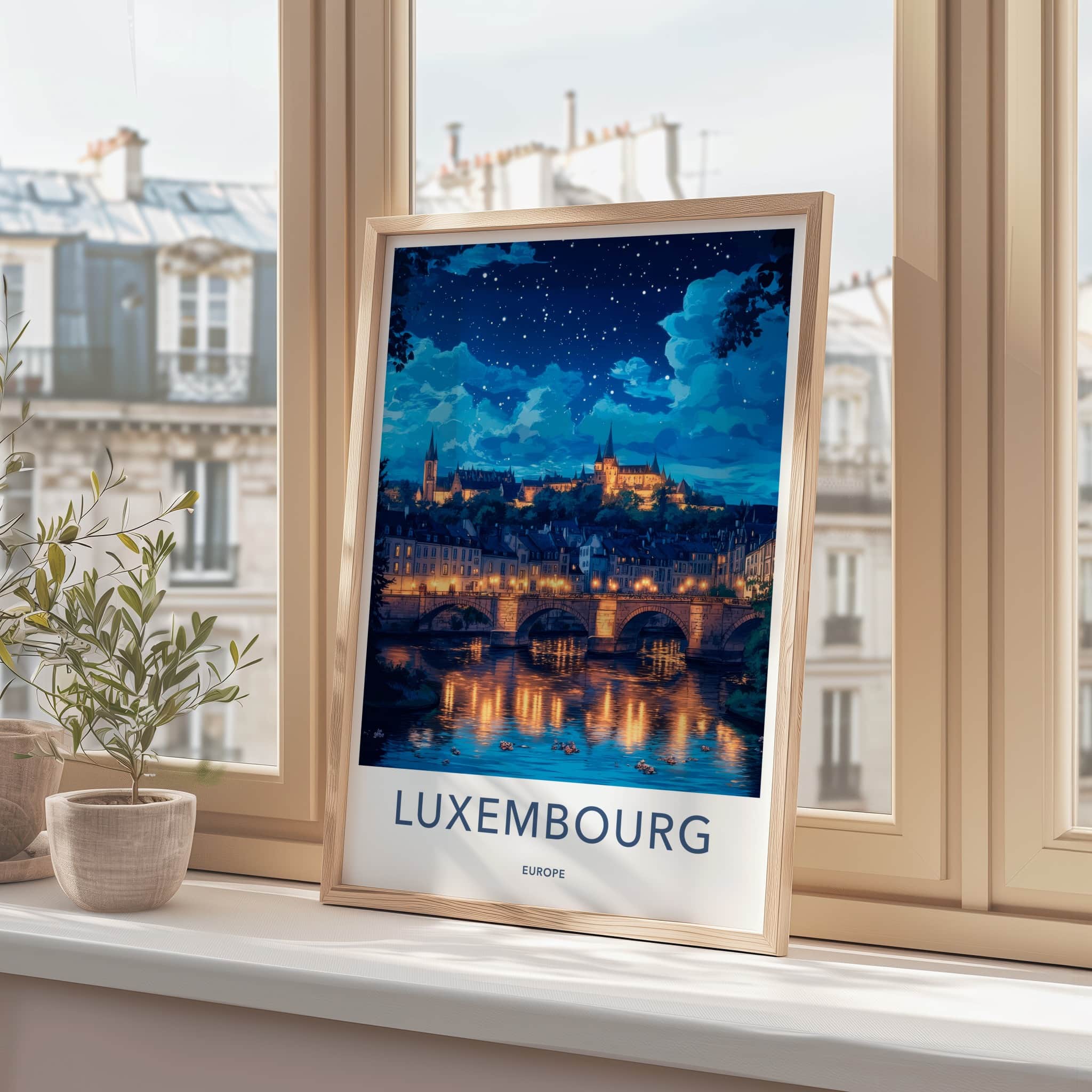 Luxembourg Poster - Luxembourg Travel Art - Illuminated River City Wall Decor