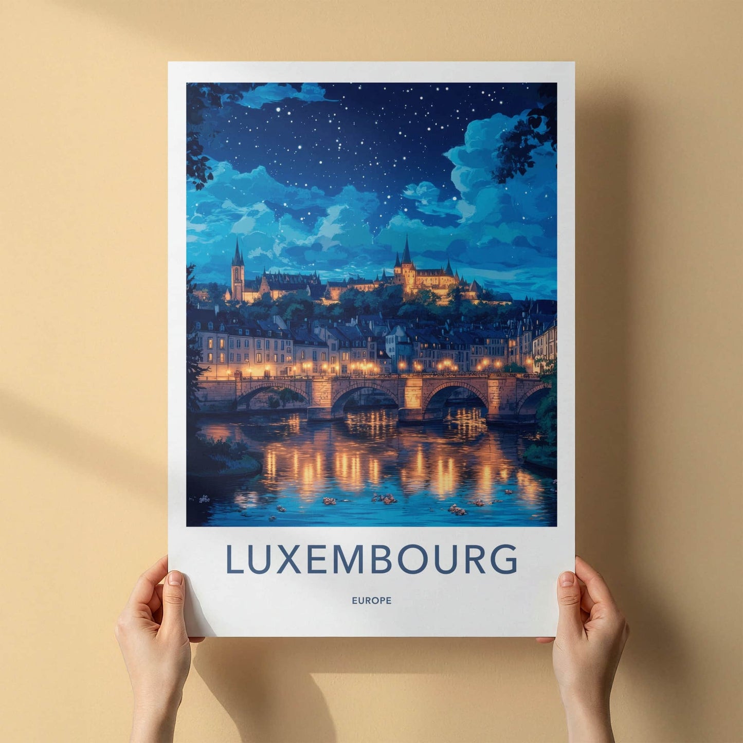 Luxembourg Poster - Luxembourg Travel Art - Illuminated River City Wall Decor