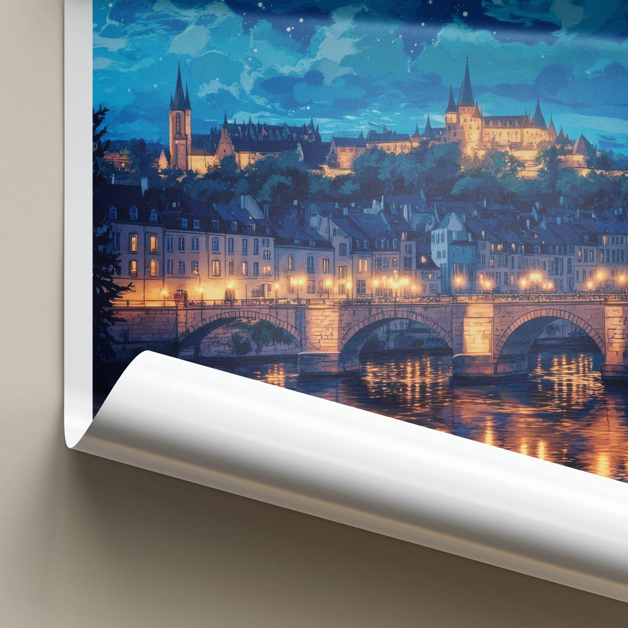 Luxembourg Poster - Luxembourg Travel Art - Illuminated River City Wall Decor