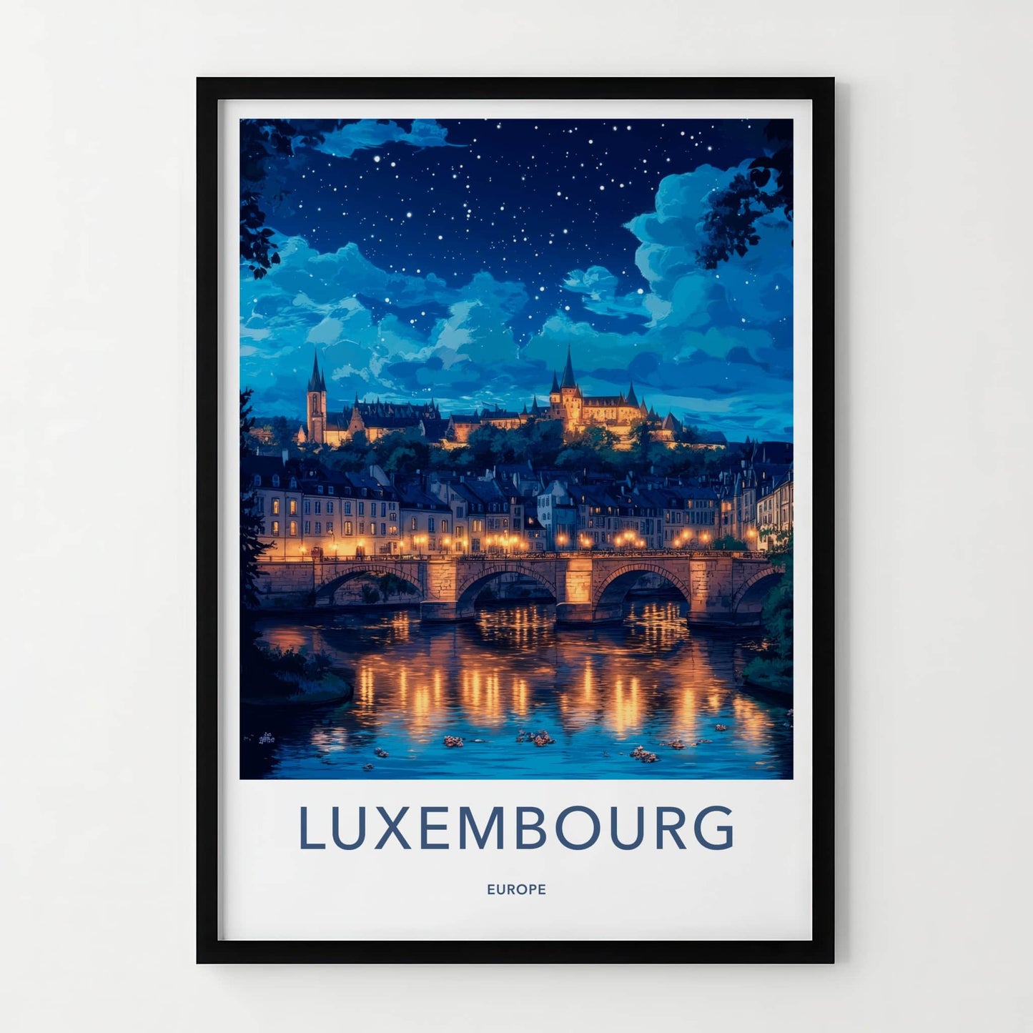 Luxembourg Poster - Luxembourg Travel Art - Illuminated River City Wall Decor