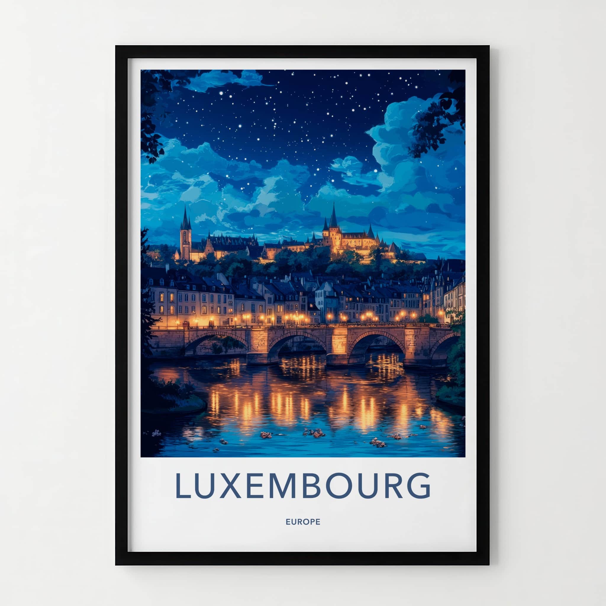 Luxembourg Poster - Luxembourg Travel Art - Illuminated River City Wall Decor