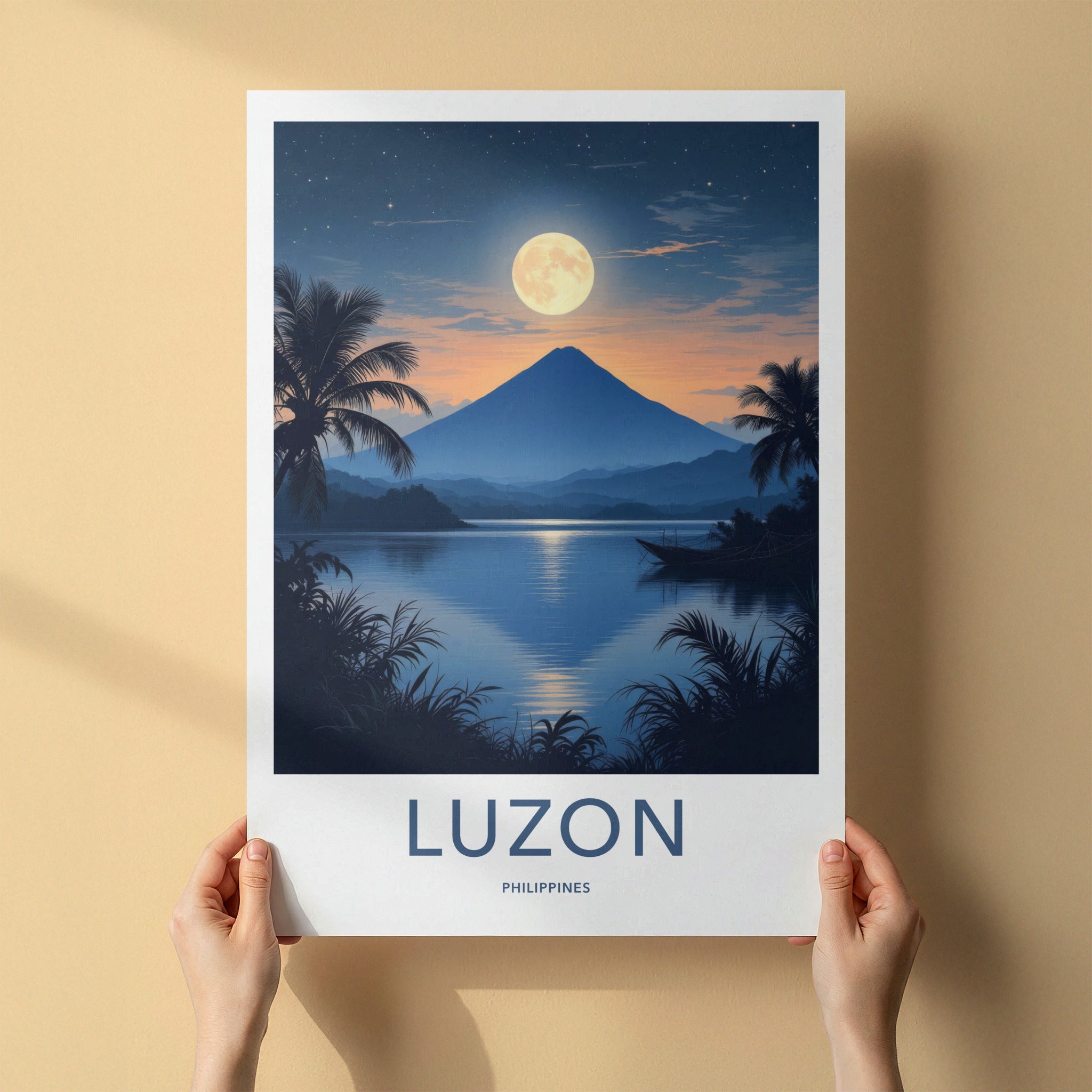 Luzon Poster - Philippines Travel Art - Moonlit Volcano Lake Home Decor