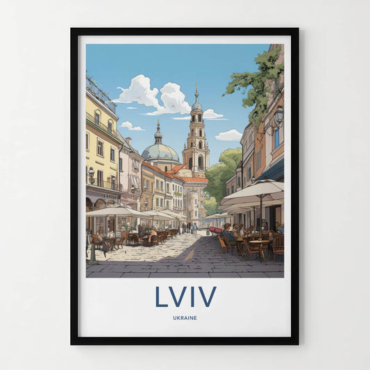 Lviv Poster - Ukraine Travel Art - Lively Cafe Street Home Decor