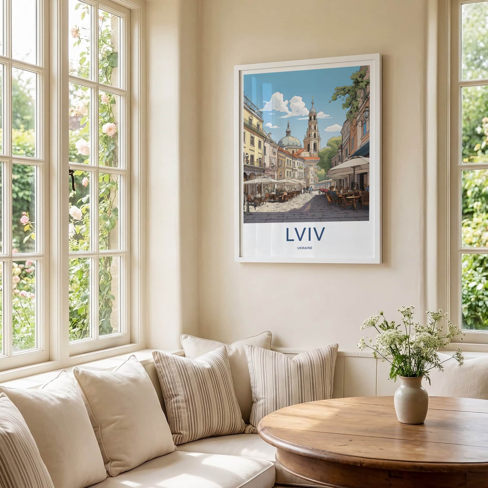 Lviv Poster - Ukraine Travel Art - Lively Cafe Street Home Decor