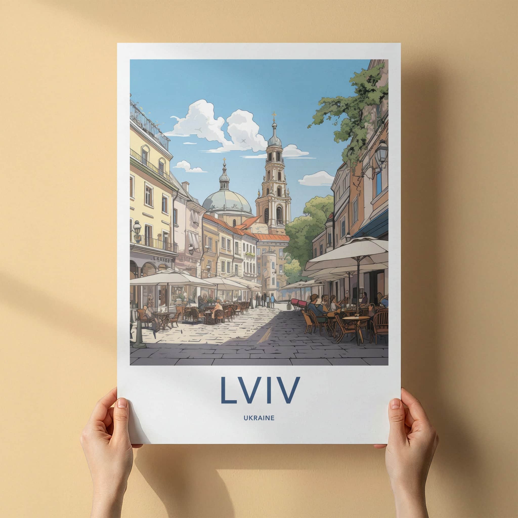 Lviv Poster - Ukraine Travel Art - Lively Cafe Street Home Decor