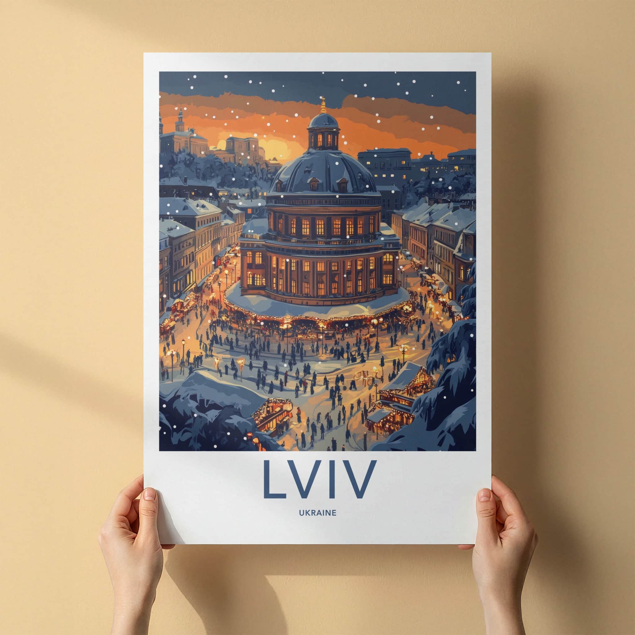 Lviv Poster - Ukraine Wall Art - Snowy Market Night Gift