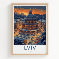 Lviv Poster - Ukraine Wall Art - Snowy Market Night Gift