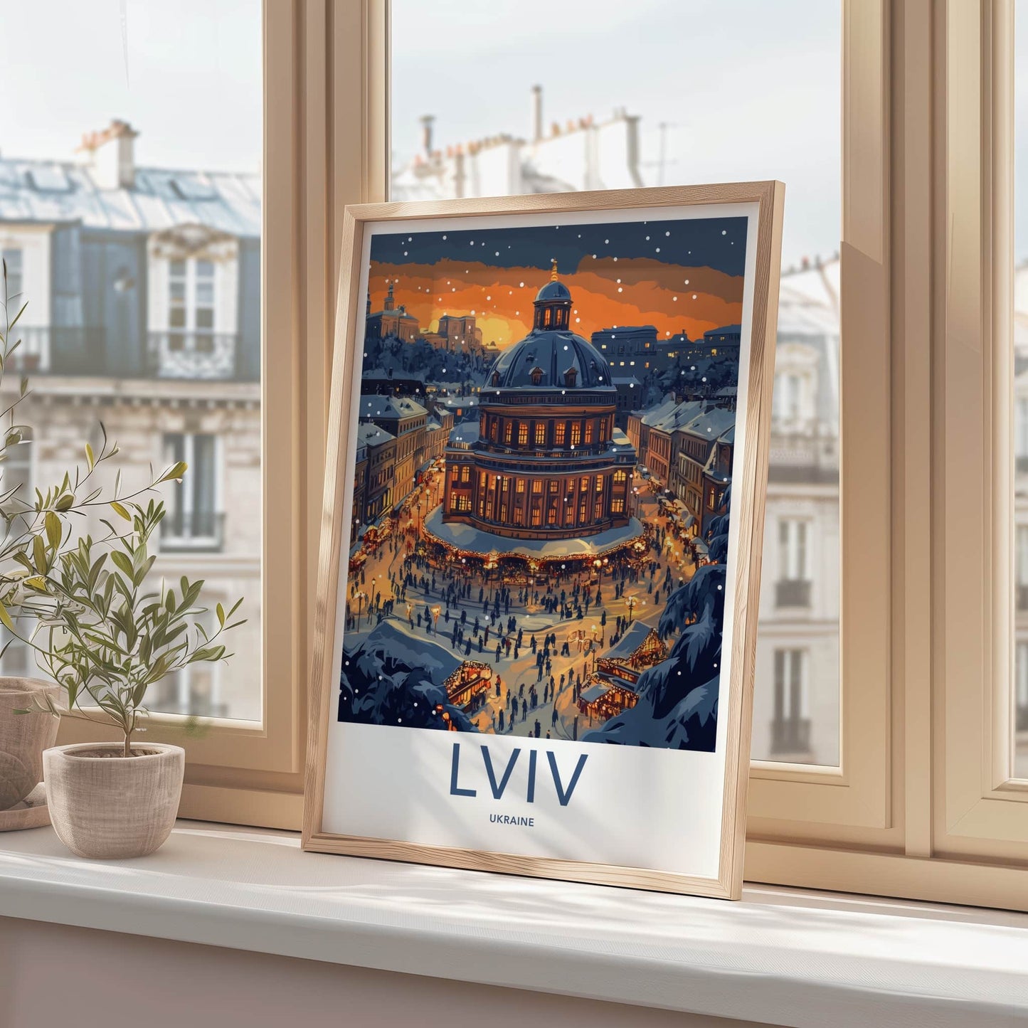 Lviv Poster - Ukraine Wall Art - Snowy Market Night Gift