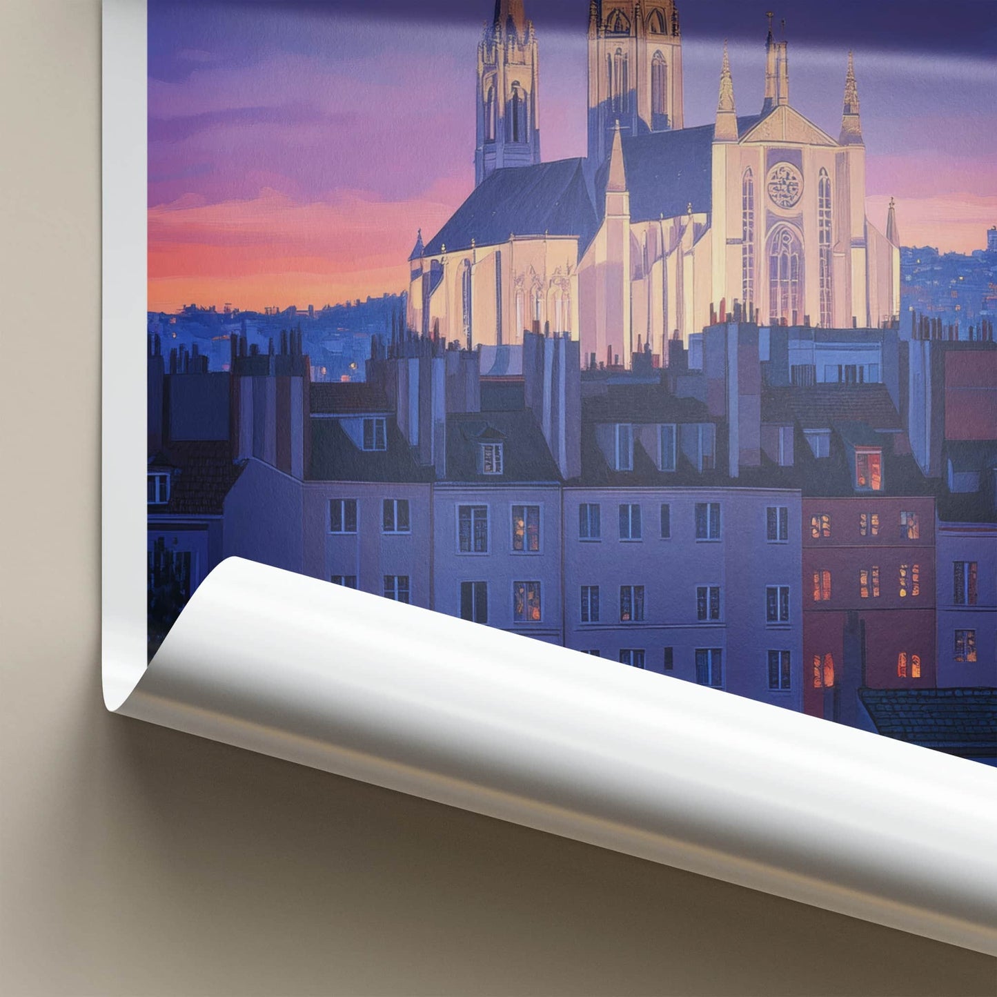 Lyon Poster - France Framed Print - Historic Church Twilight Framed Decor