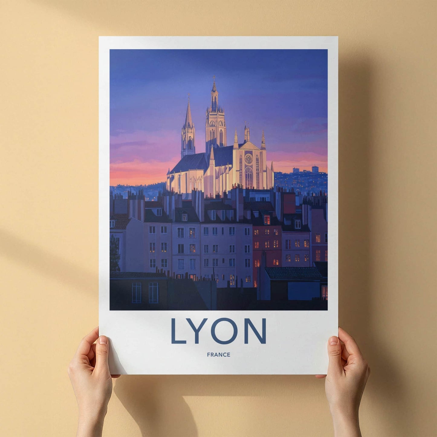 Lyon Poster - France Framed Print - Historic Church Twilight Framed Decor